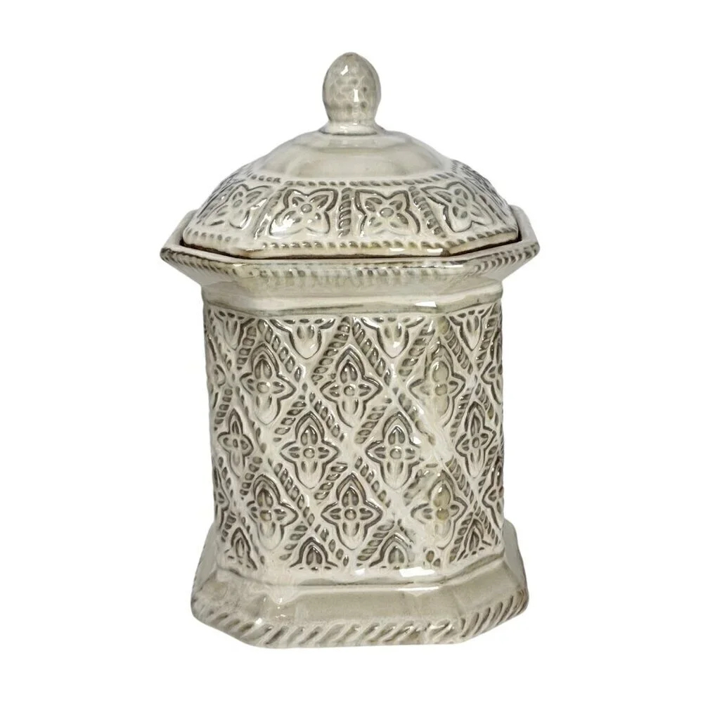 Vintage Ceramic Canister Cookie Jar Cream Kitchen Decor Floral Relief Octagonal